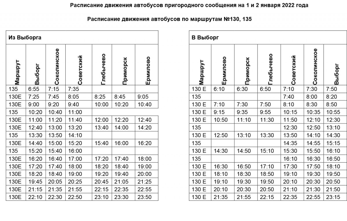 Расписание на завтра выборг