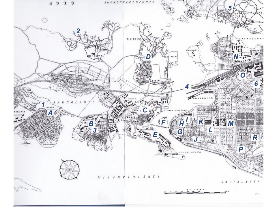 Выборг 1920 г. Фрагмент карты: внизу по центру план Нейтсютниеми (обозначены «В» – Госпитальная церковь, «3» – Лютеранское кладбище).